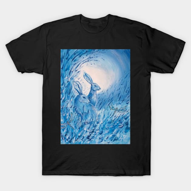 Blue hares in moonlight T-Shirt by saraperry